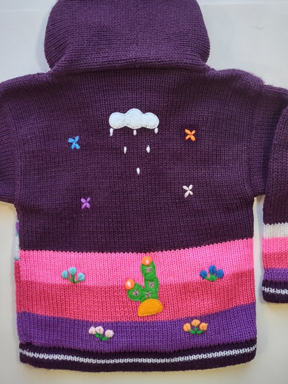 Peruvian Cardigan Sweater Kid Size 2T Full Zip Hood Pockets Purple & Pink - Picture 5 of 8